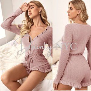 Waffle Weave Ruffle Jumpsuit Lounge Romper